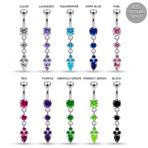 925 Sterling Silver CZ Dangling Disc and Teardrop Belly Bar