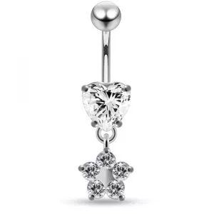 925 Sterling Silver Dangling CZ Floral and Heart Belly ring