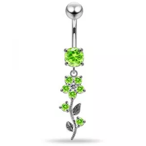925 Sterling Silver Dangling CZ Flower and Leaf Navel ring