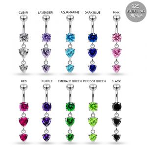 925 Sterling Silver Dangling CZ Double Heart Belly Bar