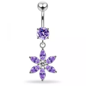 925 Sterling Silver CZ Floral Belly button Ring
