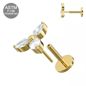 G23 Titanium  Triple CZ Jeweled Threadless Pin Tragus Top with Labret