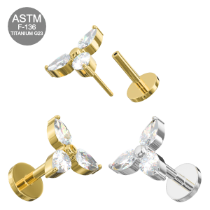 G23 Titanium  Triple CZ Jeweled Threadless Pin Tragus Top with Labret