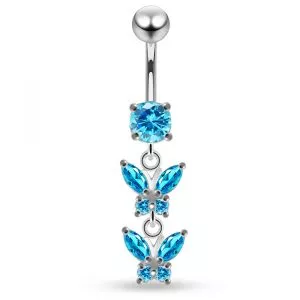 925 Sterling Silver CZ Double Butterfly Dangling Belly Ring