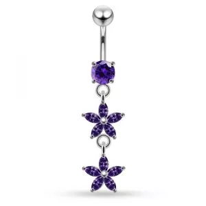 925 Sterling Silver CZ Double Floral Dangling Belly Ring