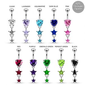 925 Sterling Silver CZ Double Star Dangling Belly Ring