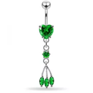 925 Sterling Silver CZ Heart & Triple Gem Dangling Belly Bar