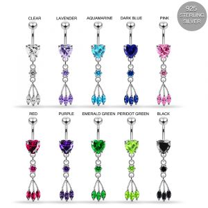 925 Sterling Silver CZ Heart & Triple Gem Dangling Belly Bar