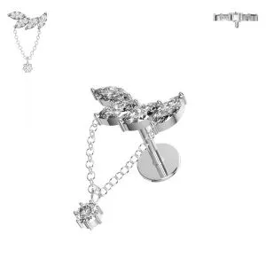 316L Surgical Steel 4 Marquise Jeweled Chain With Round CZ Dangle Hidden Helix Flat Back Piercing