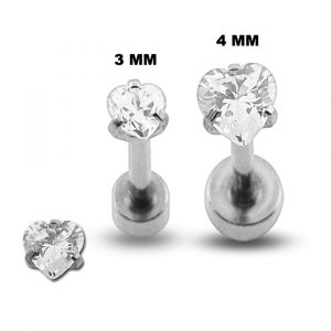 Surgical Steel Tragus Bar with Clear Heart Gem Top and Disc Base