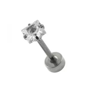 Surgical Steel Tragus Bar with Clear Square Gem Top and Disc Base
