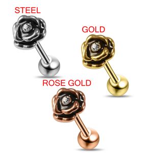 Rose Flower with Single Stone Cartilage Helix Tragus Piercing Ear Stud