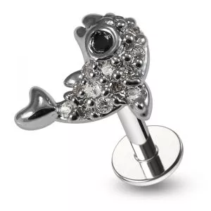 CZ Jeweled Dolphin Internally Threaded Surgical Steel Labret Piercing