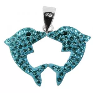 Crystal stone Two Dolphins Silver Pendent 