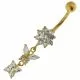 14K Solid Yellow Gold Dangling Flower with butterfly Belly Button Ring