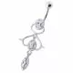 Fancy Jeweled Pink Stone Silver Dangling With Banana Bar Navel Ring