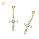 14K solid Yellow Gold Baguette CZ Jeweled Cross Navel Belly Bar