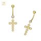 14K Solid Yellow Gold Round CZ Jeweled Cross Belly Bar