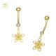 14K Solid Yellow Gold CZ Jeweled Flower Design Dangling Navel Belly Bar