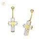 14K Solid Yellow Gold CZ Jeweled Cross Navel Belly Bar