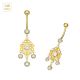 14K Solid Yellow Gold Zirconia Jeweled Dangling Belly Bar