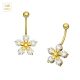 14K Solid Yellow Gold Flower CZ Jeweled Belly Bar