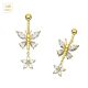 14K Solid Yellow Gold Butterfly And Flower Dangling Belly Button Ring