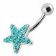Fancy Green CZ Jeweled Star Silver With SS Bar Navel Belly Ring