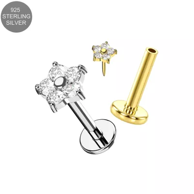 925 Sterling Silver CZ Flower Threadless Labret – Round, Heart, or Star Base (16G)