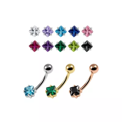 925 Sterling Silver Square CZ Belly Button Ring – 14G | Titanium or Surgical Steel Bar