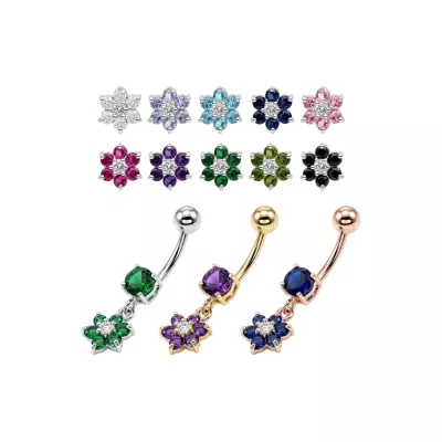 925 Sterling Silver Flower Dangle CZ Belly Button Ring – 14G | Titanium or Surgical Steel Bar