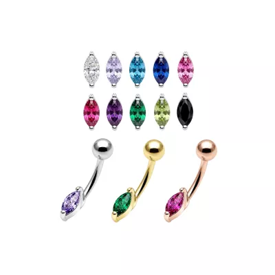 925 Sterling Silver Marquise CZ Navel Piercing – 14G | Titanium or Surgical Steel Bar