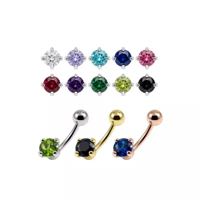 925 Sterling Silver Round CZ Belly Button Ring – 14G | Titanium or Surgical Steel Bar