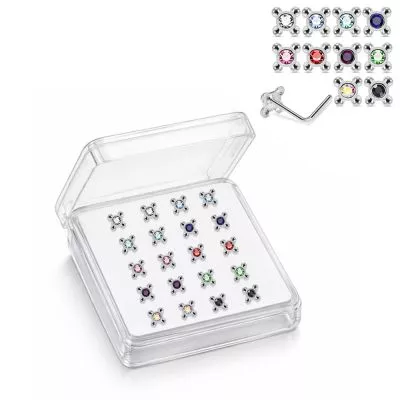 925 Sterling Silver Jeweled Beaded Cross L-Bend Nose Stud Box (20 Pieces)