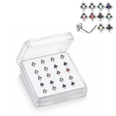 925 Sterling Silver Jeweled Clover L-Bend Nose Stud Box (20 Pieces)