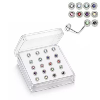 925 Sterling Silver Jeweled Concave L-Bend Nose Stud Box (20 Pieces)