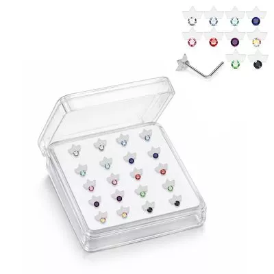 925 Sterling Silver Jeweled Crown Frame L-Bend Nose Stud Box (20 Pieces)