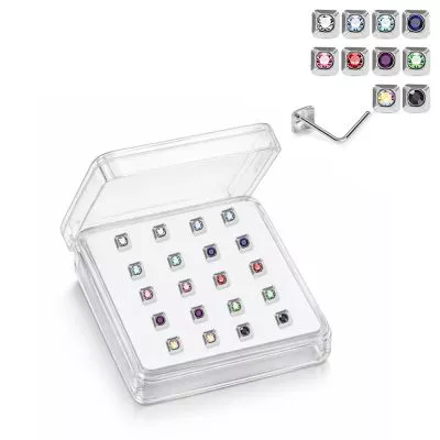 925 Sterling Silver Jeweled Square Frame L-Bend Nose Stud Box (20 Pieces)