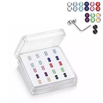 925 Sterling Silver Jeweled Trinity Bead L-Bend Nose Stud Box (20 Pieces)