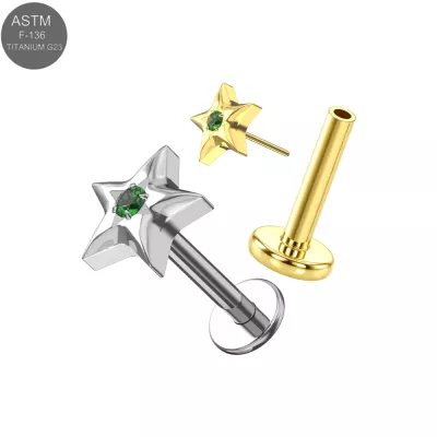 ASTM F-136 Titanium Star Green CZ Threadless Labret (18G/16G)