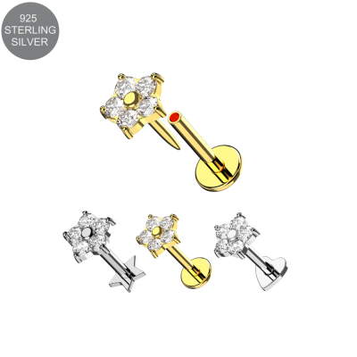 925 Sterling Silver CZ Flower Threadless Labret – Round, Heart, or Star Base (16G)