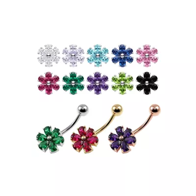 925 Sterling Silver Six-Petal Flower CZ Belly Button Ring | Titanium G23 or 316L Surgical Steel Bar