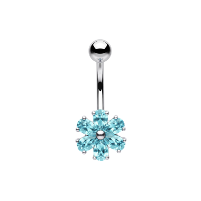 925 Sterling Silver Six-Petal Flower CZ Belly Button Ring | Titanium G23 or 316L Surgical Steel Bar