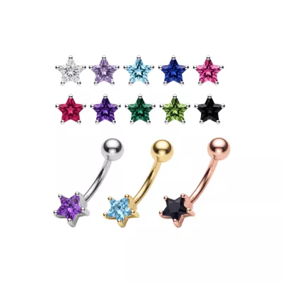 925 Sterling Silver Star CZ Belly Button Ring | Titanium G23 or 316L Surgical Steel Bar