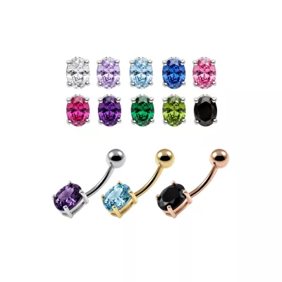 925 Sterling Silver Oval CZ Belly Button Ring | Titanium G23 or 316L Surgical Steel Bar