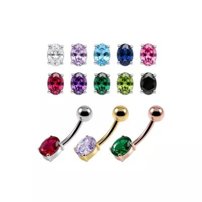 925 Sterling Silver Petite Oval CZ Belly Button Ring | Titanium G23 or 316L Surgical Steel Bar