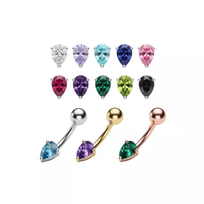 925 Sterling Silver Pear CZ Belly Button Ring | Titanium G23 or 316L Surgical Steel Bar