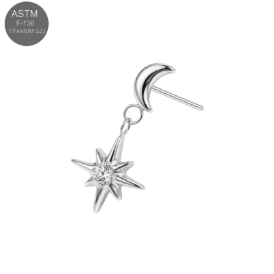 ASTM F-136 Titanium Crescent Moon & North Star CZ Dangle Threadless Top | Universal 18G/16G Fit