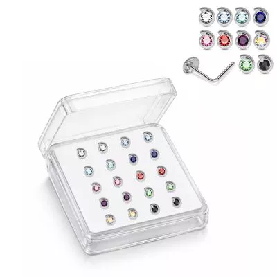 925 Sterling Silver Jeweled Teardrop L-Bend Nose Stud Box (20 Pieces)