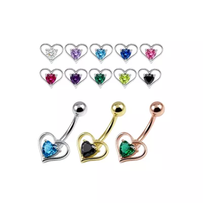 925 Sterling Silver Heart CZ Belly Button Ring – 14G | Titanium or Surgical Steel Bar
